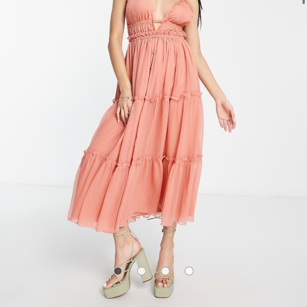 ASOS DESIGN button through tiered midi dress with lace trim detail in rose